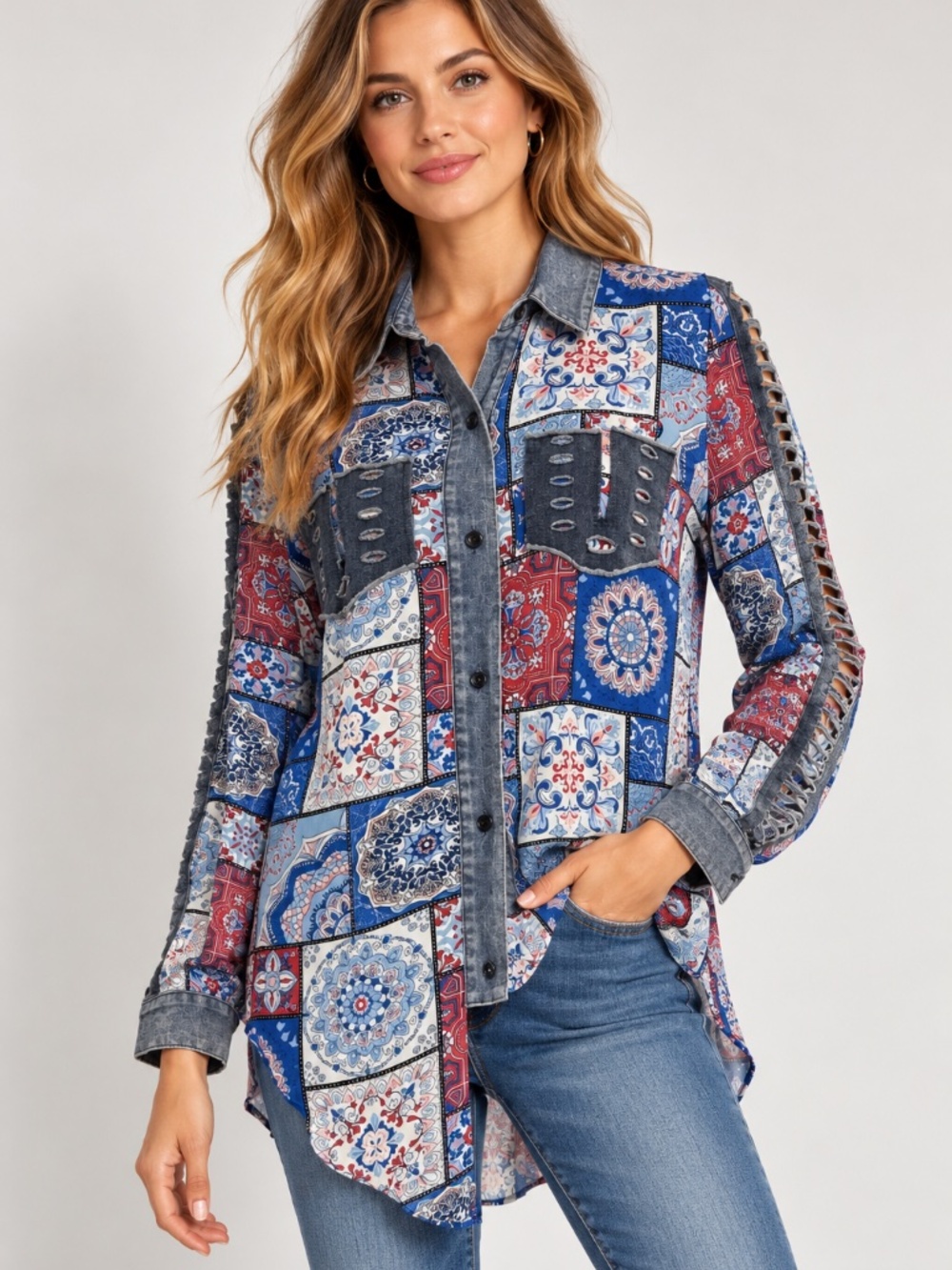 AZI New York Patchwork Paisley chiffon Blouse  Denim sleeve Trim Boho Womens S